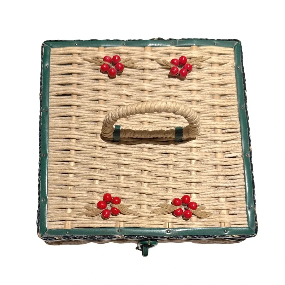 Vintage Japan Wicker Sewing Basket  Cherry Berry Lid Square Box Needs‎ Lining
